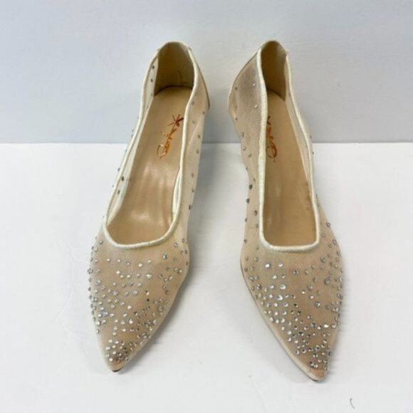 XYD Women Mid Kitten Heels Pumps Rhinestones Mesh Slip On Pointed Toe Evening Dr - Picture 1 of 7